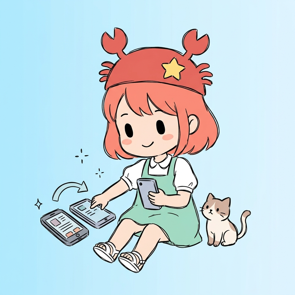 新旧2台のスマホを並べて、自分でデータ移行の作業をしている女性のイラスト
