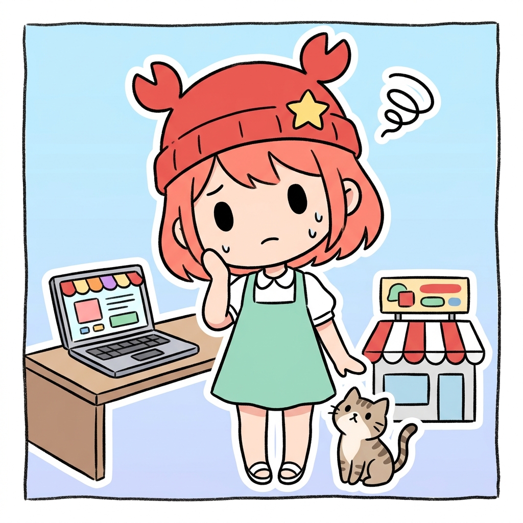 ワイモバイルの申し込みを、オンラインストアと店頭のどちらにするか迷っている女性のイラスト