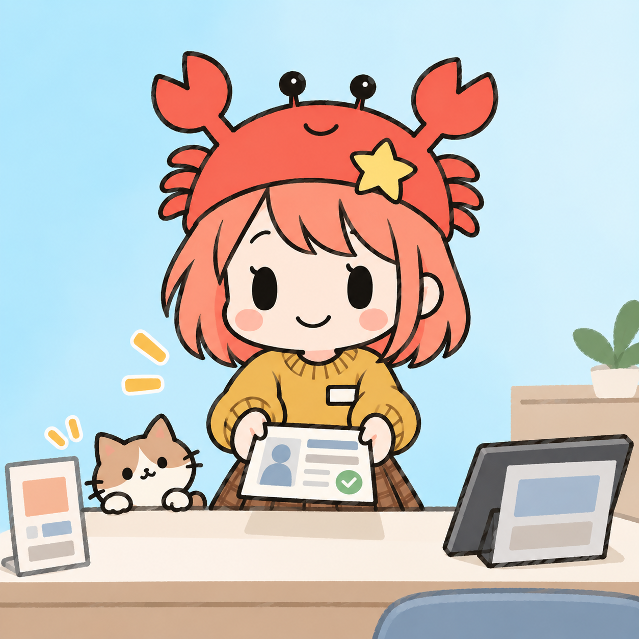 店頭カウンターで証明書を確認しながら案内する蟹帽子キャラクターのイラスト
