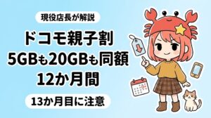 ドコモ親子割とスマホデビュープランU15を紹介する、蟹帽子キャラクターのアイキャッチ画像