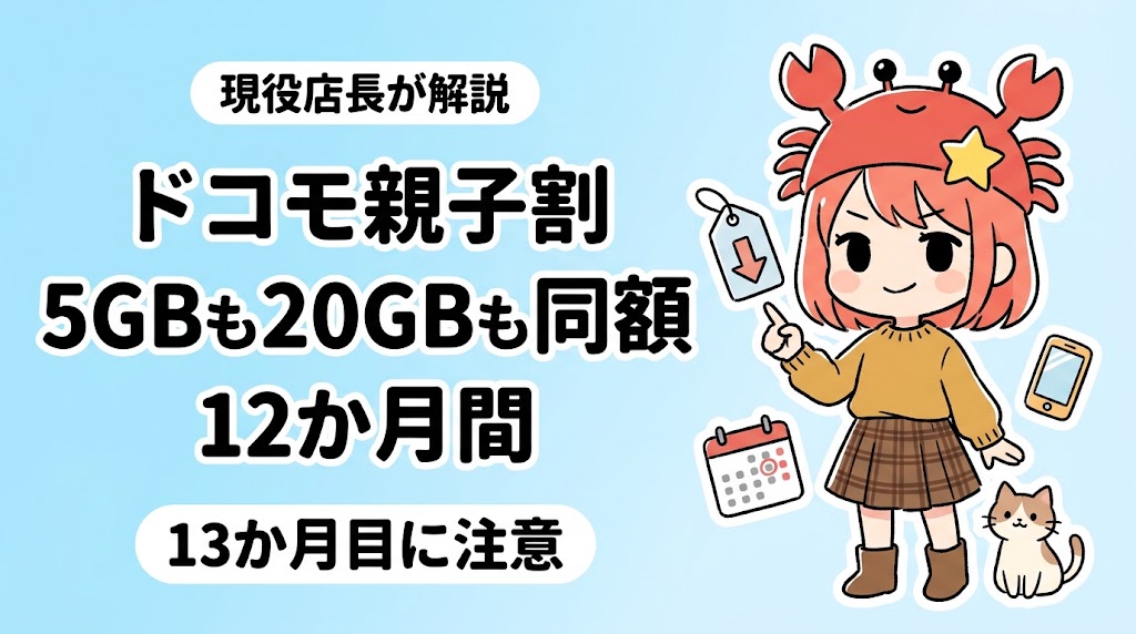 ドコモ親子割とスマホデビュープランU15を紹介する、蟹帽子キャラクターのアイキャッチ画像