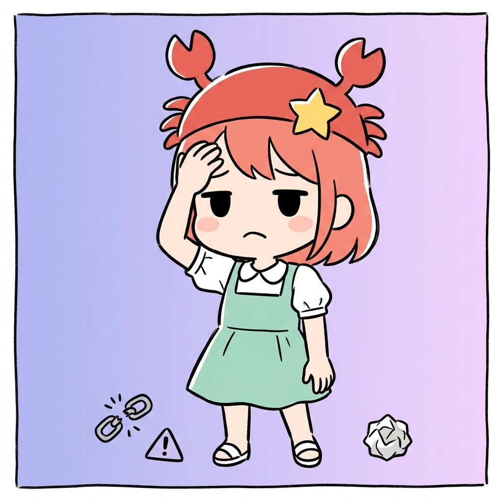 AI運営で事故が続き、がっかりした表情の蟹帽子キャラクターのイラスト