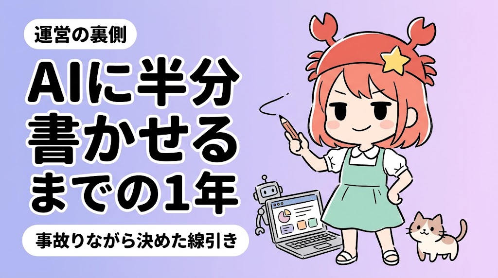 AIに半分書かせるまでの1年の記事アイキャッチ。蟹帽子のキャラクターが自信ありげにペンを持って立っているイラスト