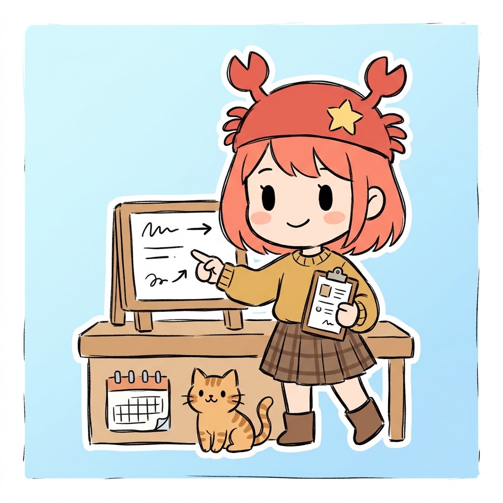 店頭カウンターでホワイトボードを指しながら料金プランを説明する蟹帽子キャラクターのイラスト