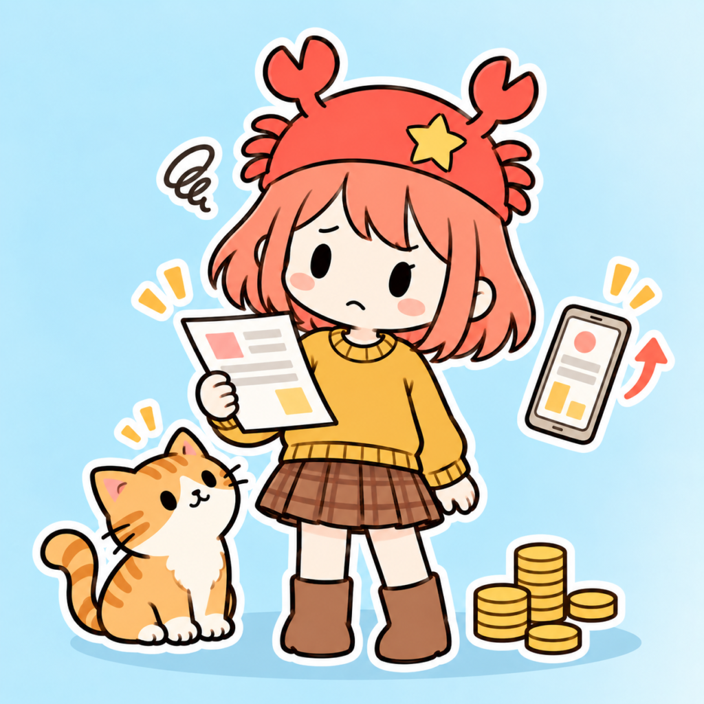 スマホ代の請求書を見て値上げに首をかしげる現役店長のイラスト