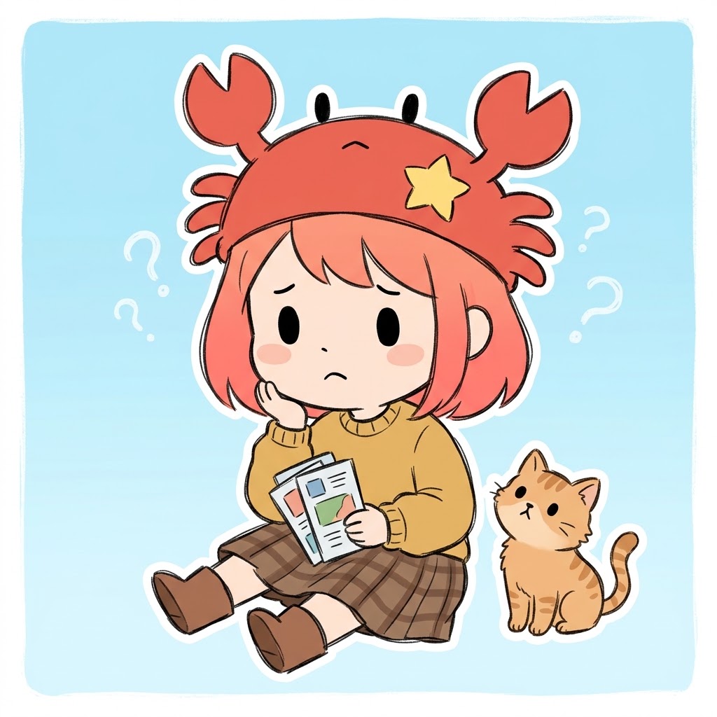 どのプランを選べばいいか分からず、パンフレットを前に悩む表情の蟹帽子キャラクターのイラスト