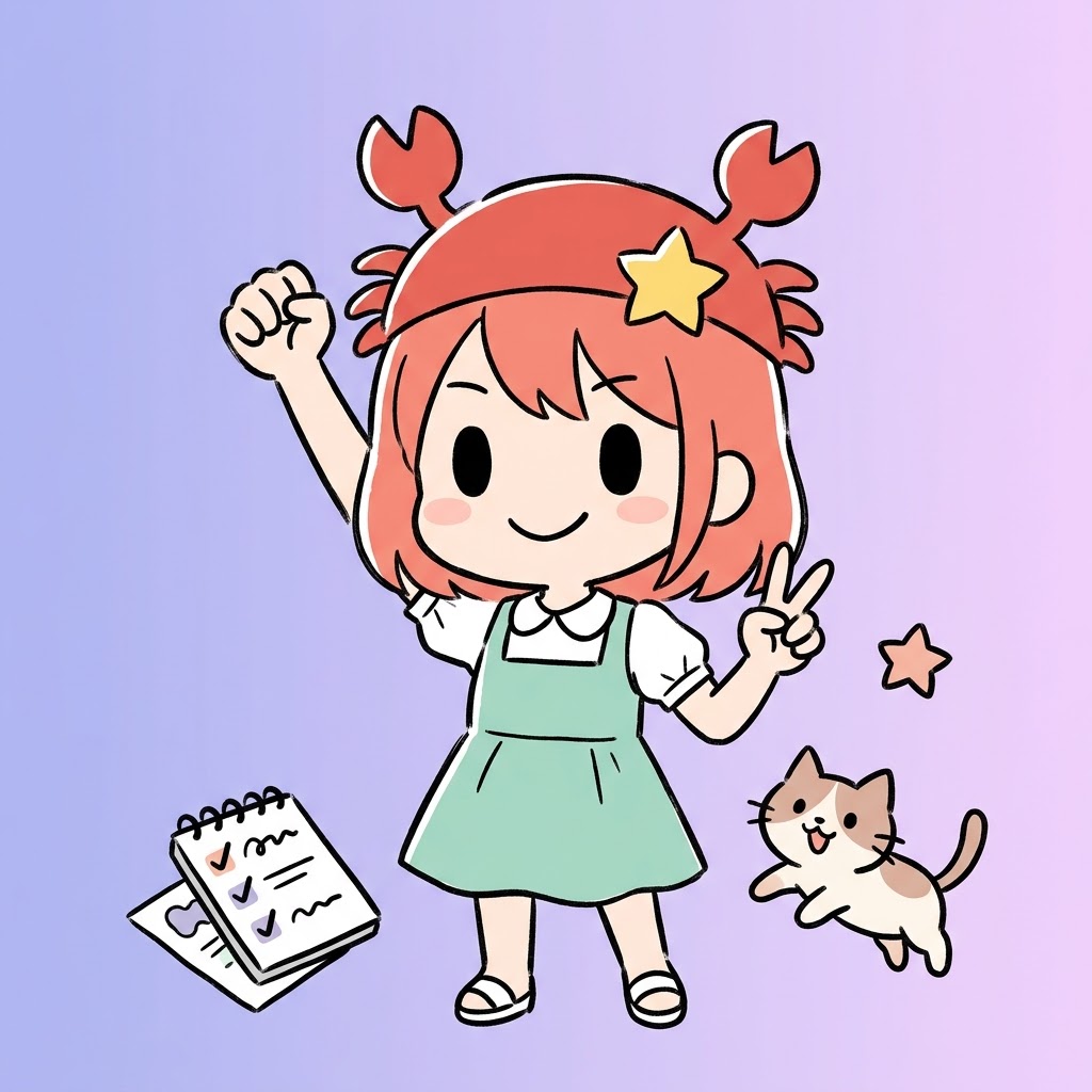 線引きのルールが完成し、ガッツポーズで喜ぶ蟹帽子キャラクターのイラスト