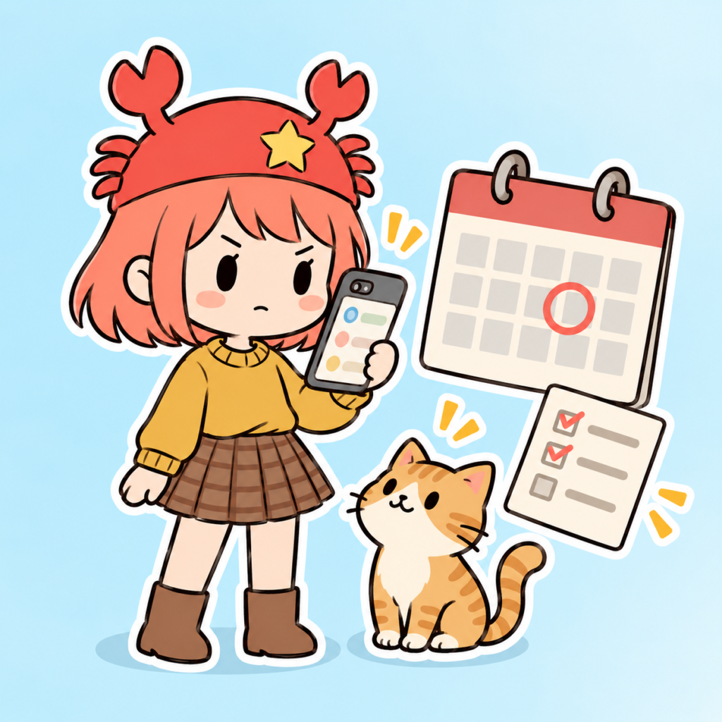 スマホとカレンダーを見比べて値上げ前に確認することをチェックする現役店長のイラスト