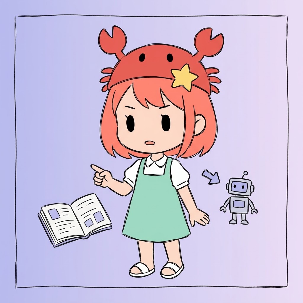 AIチームにノートを指差しながら説明している蟹帽子キャラクターのイラスト