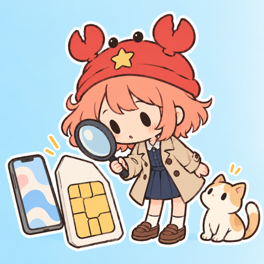 虫めがねでSIMカードを調べる現役店長のイラスト