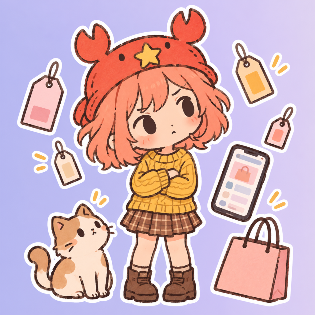 たくさんの値札とスマホ、買い物袋に囲まれて腕組みして考え込む女の子と猫