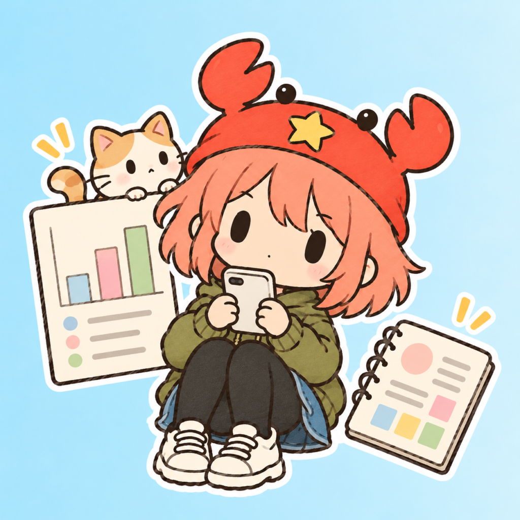 グラフを背に座ってスマホを確かめる女の子と、後ろからのぞき込む猫