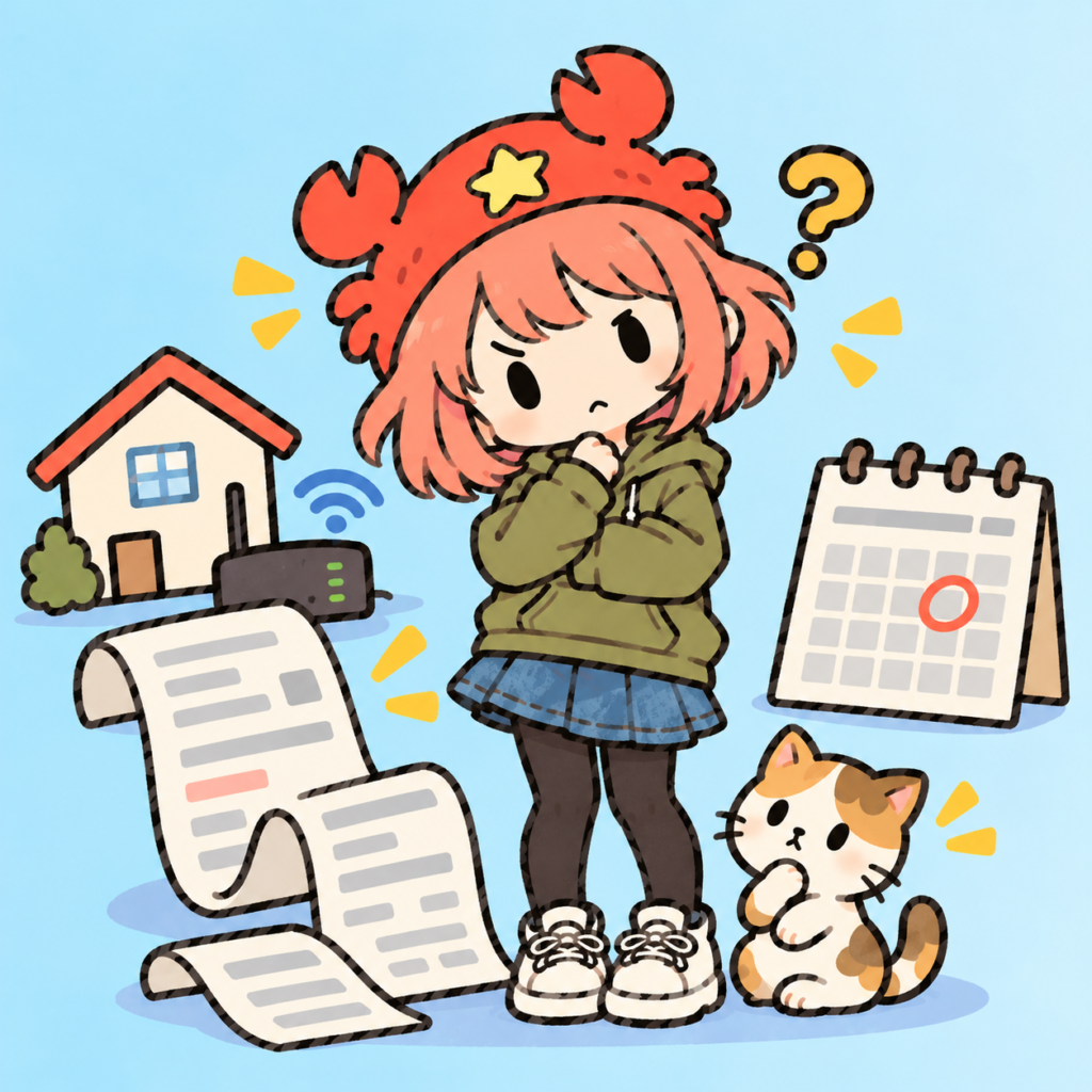 腕を組んで考える女の子と、長い明細・家とルーター・印のついたカレンダー・まねをする猫