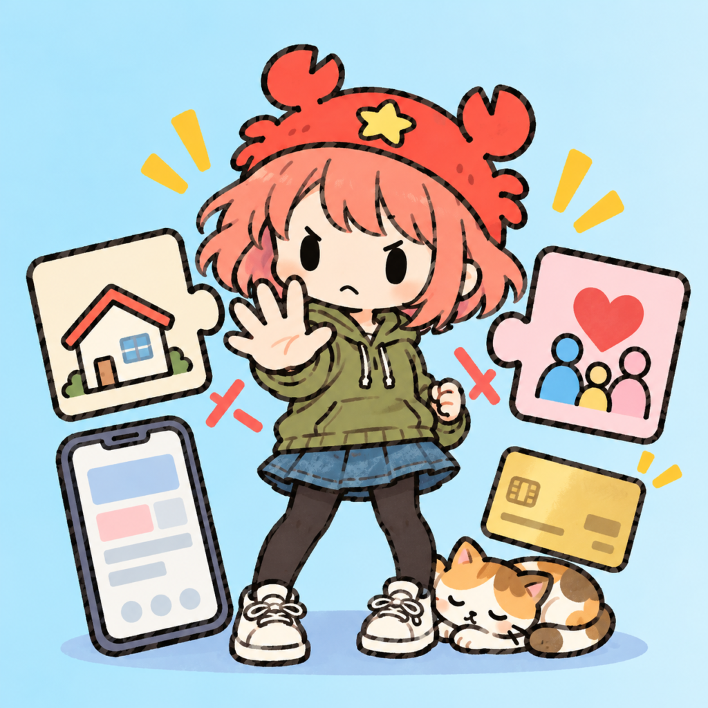 片手を前に出して注意をうながす女の子と、かみ合わないパズル・金色のカード・眠る猫