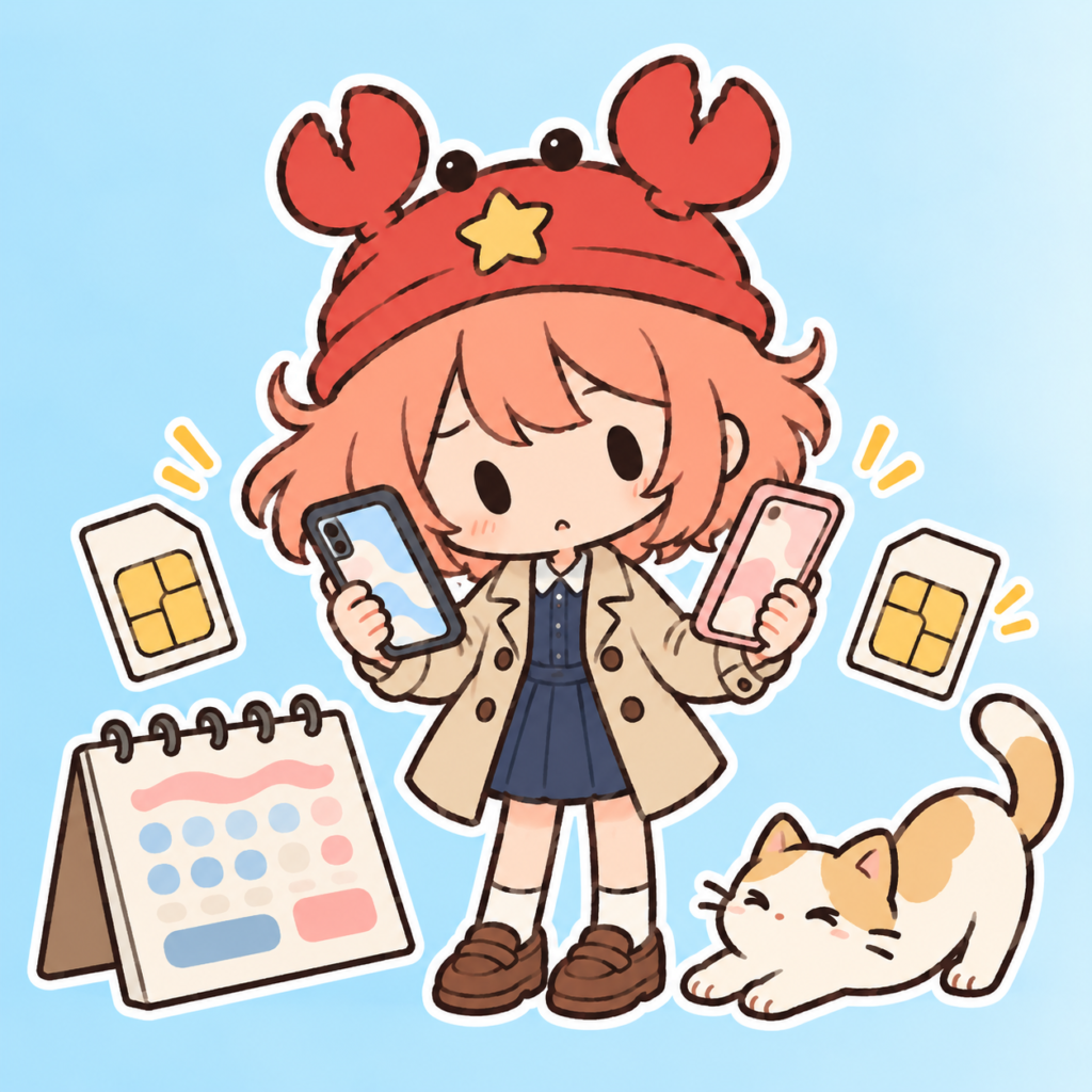 2台のスマホを見比べて、新しい番号で試すか今の番号で乗り換えるかを考える現役店長のイラスト
